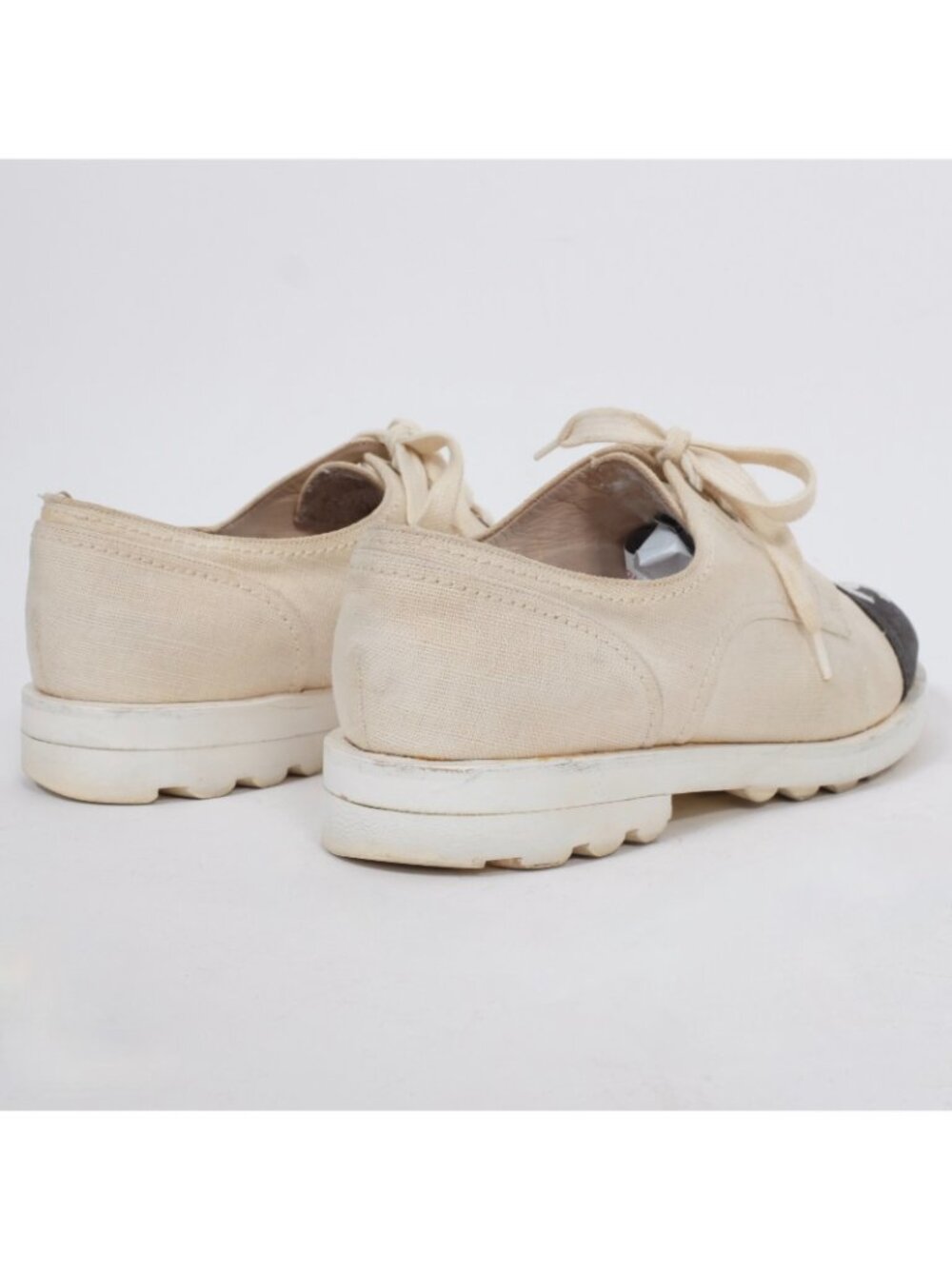 CHANEL shoes 38 US 8 lace up canvas CC logo toecap cream black - Picture 7 of 10